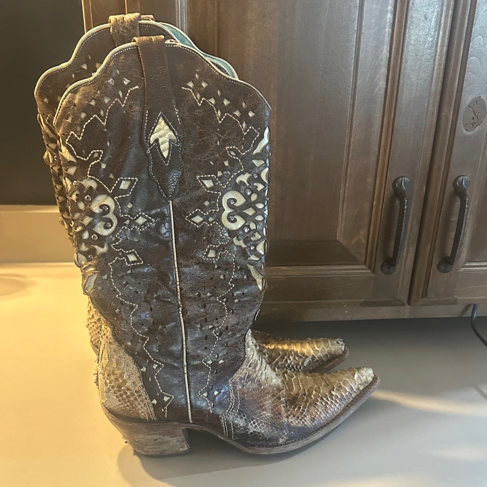 Brown Snakeskin Heeled Boots